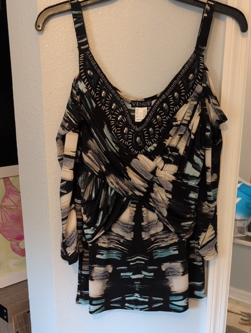 VENUS Black, Aqua & Cream Beaded Cold-Shoulder  Top